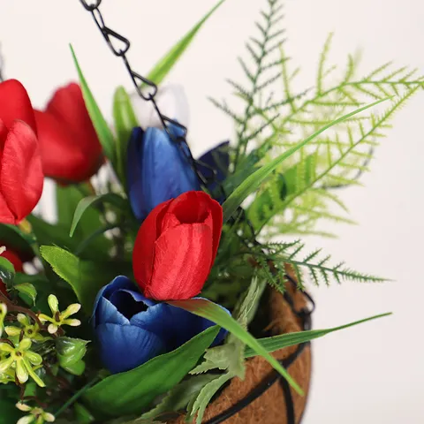 Independence Day Artificial Tulip Hanging Basket Red White Blue Silk Flowers Coconut Palm Metal Chain Wall Decor