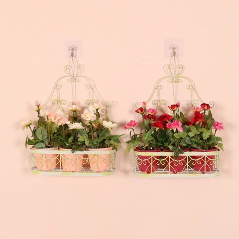 American Pastoral Iron Wall Hanging Flower Basket Artificial Silk Rose Flower Plastic Pot Home Decor Wall Decoration