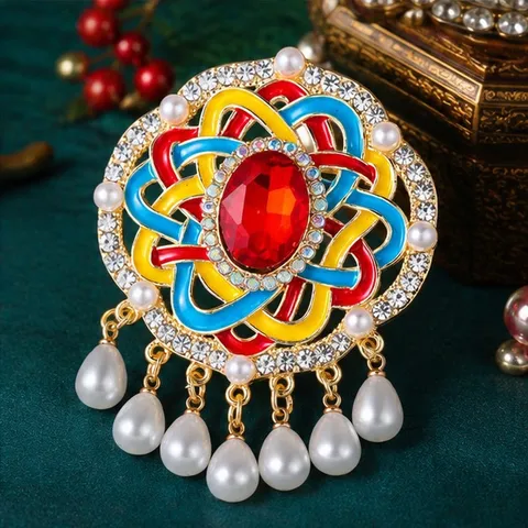 Broche de Nudo Chino Tejido Colorido Vintage con Borla de Perla Artificial y Diamantes de Imitación para Mujer Accesorios de Abrigo de Suéter de Estilo Étnico