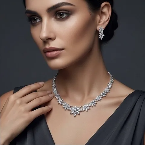 Lussuosa Collana E Orecchini in Rame E Zirconia a Grappolo di Fiori Per Donna Matrimonio Banchetto Gioielli da Sposa