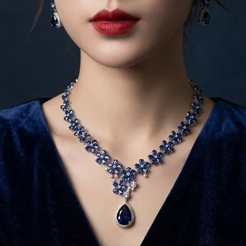 Lussuoso Set di Gioielli con Collana e Orecchini a Goccia in Zirconia Blu Reale per Donna Fiore in Rame Galvanizzato per Matrimonio Banchetto