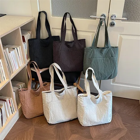 Koreanischer Stil Große Kapazität Seersucker Tragetasche Gestreift Kariert Umhängetasche Leichte Einkaufshandtasche Für Damen Reise Mom Bag