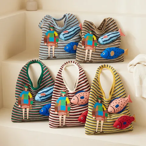 Women Knitted Striped Tote Bag Fashion Casual Shoulder Bag with Character Embroidery and 3D Fish Decoration Vacation Handbag