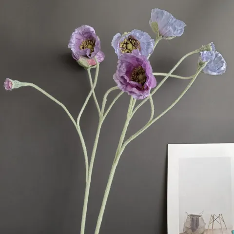 Flor Falsa de Seda de Rama Sencilla de Amapola Artificial Flocada Minimalista Nórdica para Decoración de Habitación de Boda en el Hogar