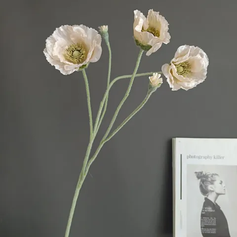 Flor Falsa de Seda de Rama Sencilla de Amapola Artificial Flocada Minimalista Nórdica para Decoración de Habitación de Boda en el Hogar