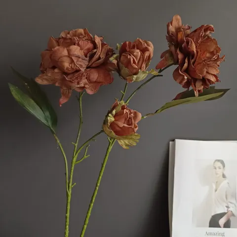 Flor Artificial de Peonía de Tela Crepé con Borde Quemado Hecho a Mano Estilo Retro Flor de Seda para Hogar Boda Fiesta Decoración