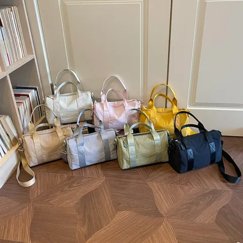 Women Versatile Large Capacity Barrel Shoulder Bag Stitched Fabric Crossbody Handbag For Travel Commuting Lightweight Solid Bag
