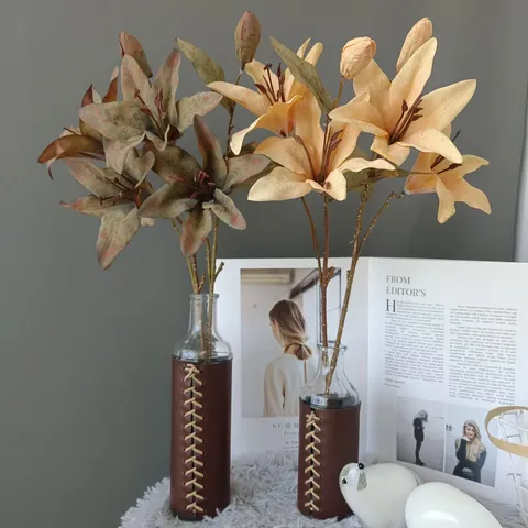 Flores de Lirio de Seda Artificial 3 Cabezas Estilo Retro Nórdico Vintage Ramo de Flores de Seda Decoración de Interiores para Bodas en el Hogar