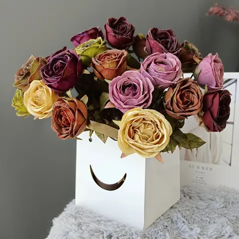 Flor de Rosa Artificial Tallo Individual Seda Simulación Rosa Hogar Boda Fiesta Decoración Estilo Pintura al Óleo Planta Floral Falsa