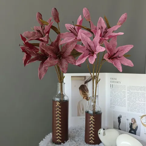 Flores de Lirio de Seda Artificial 3 Cabezas Estilo Retro Nórdico Vintage Ramo de Flores de Seda Decoración de Interiores para Bodas en el Hogar