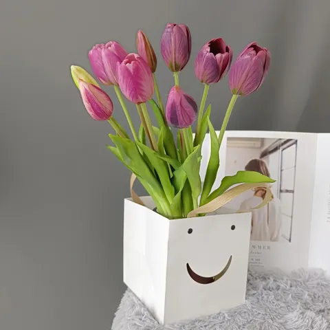 Bouquet de Tulipes Artificielles en Caoutchouc Souple 5 Têtes Décoration de Maison de Luxe Moderne Mariage Photographie