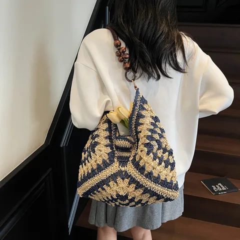 Bolso Tote de Paja Tejida Para Mujer Bolsa de Hombro Bajo el Brazo de Crochet Calado Francés Bolso Casual de Vacaciones en la Playa
