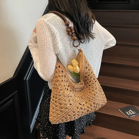 Bolso Tote de Paja Tejida Para Mujer Bolsa de Hombro Bajo el Brazo de Crochet Calado Francés Bolso Casual de Vacaciones en la Playa