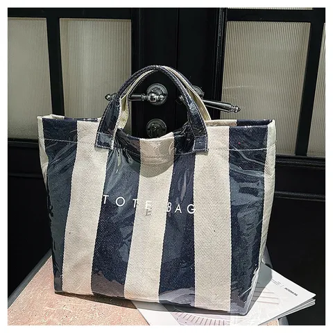 Bolsa Tote de Lona Revestida A Rayas de Bloques de Color de Gran Capacidad Bolso de Playa de Verano Casual Con Dobles Asas y Estampado de Letras