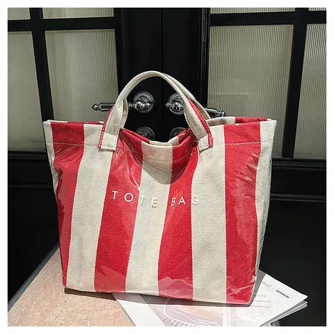 Bolsa Tote de Lona Revestida A Rayas de Bloques de Color de Gran Capacidad Bolso de Playa de Verano Casual Con Dobles Asas y Estampado de Letras