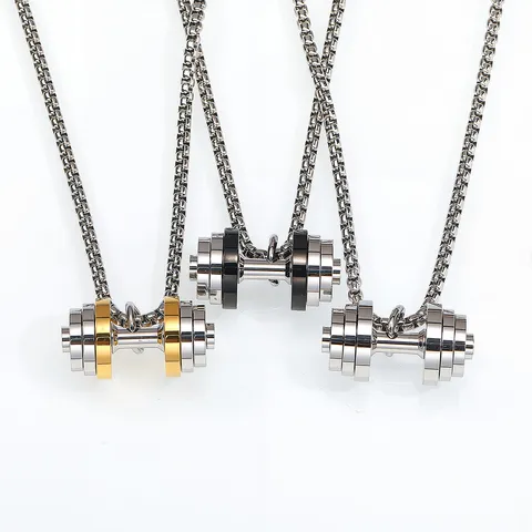 Men Fitness Dumbbell Pendant Necklace Titanium Steel Punk Trendy Sports Jewelry Gift