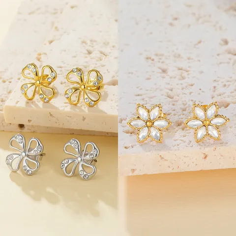 Edelstahl Zirkon Blume Ohrstecker Gold Silber Beschichtet Vierblättriges Kleeblatt Mode Schmuck Geschenk Für Damen