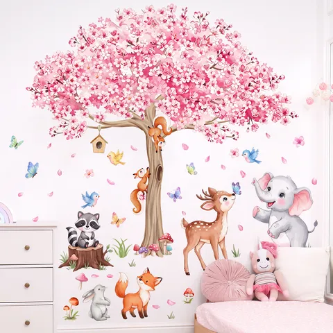 Cartoon Forest Animal Pink Cherry Blossom Tree Wall Stickers For Kids Room Bedroom PVC Nursery Home Decor Wall Decals Kit