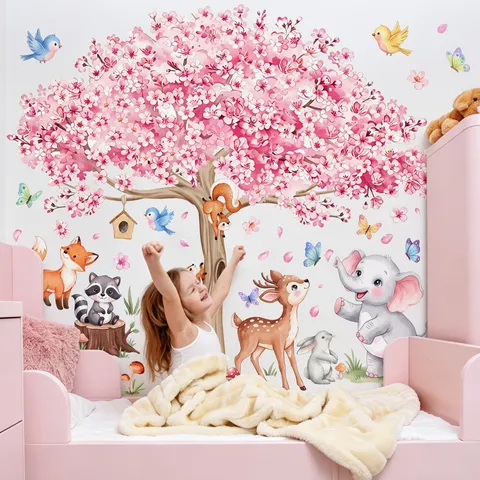 Cartoon Forest Animal Pink Cherry Blossom Tree Wall Stickers For Kids Room Bedroom PVC Nursery Home Decor Wall Decals Kit