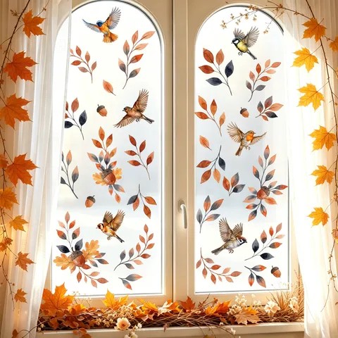 Watercolor Autumn Leaves Pinecones Window Clings Static Glass Stickers Hand Painted Bird Decals For Home Living Room Decoration