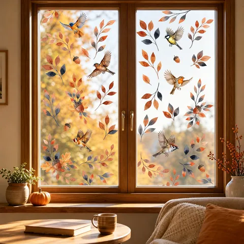 Watercolor Autumn Leaves Pinecones Window Clings Static Glass Stickers Hand Painted Bird Decals For Home Living Room Decoration