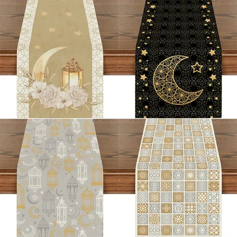 Ramadan Table Runner Moon Star Lantern Printed Polyester Tablecloth Middle East Festival Dining Table Decoration For Eid Mubarak Home Banquet Decor