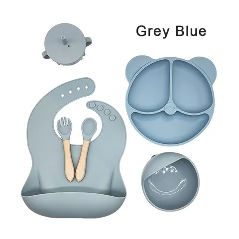 Set de Vajilla de Alimentación de Silicona para Bebé Plato Ventosa Cuenco Cuchara Tenedor Vaso