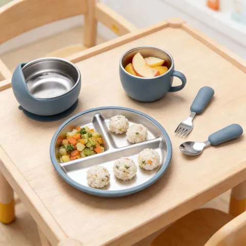 Piatto Diviso per Bambini in Acciaio Inossidabile Silicone Antiscivolo Set Stoviglie per Neonati Ciotola Cucchiaio Forchetta Tazza