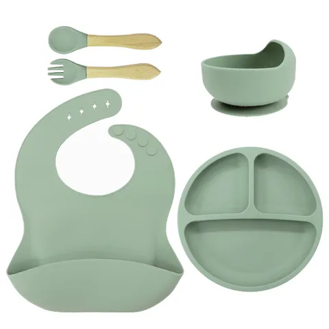 Baby Silicone Tableware Set Divided Suction Plate Bowl Bib Wooden Handle Fork Spoon Feeding Tableware For Infant Toddler