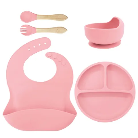 Baby Silicone Tableware Set Divided Suction Plate Bowl Bib Wooden Handle Fork Spoon Feeding Tableware For Infant Toddler