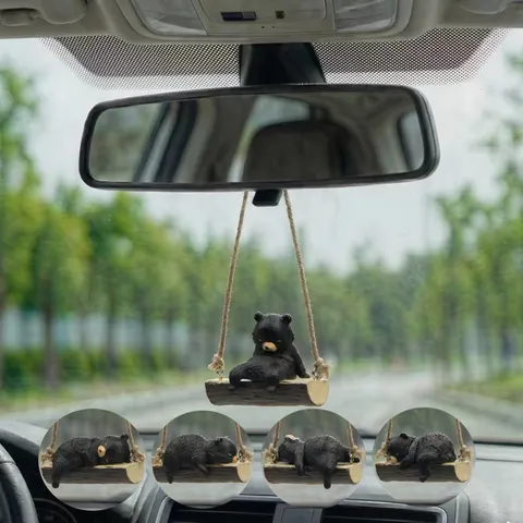 Mignon Ours Noir Balançant Rétroviseur de Voiture Ornement Suspendu Figurine d'Animal en Résine Décoration d'Intérieur de Voiture Style Pastoral