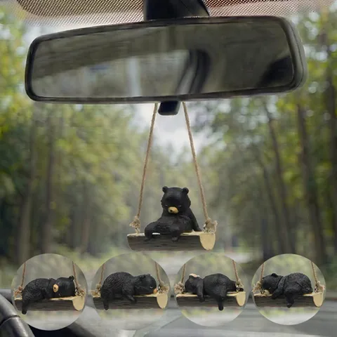 Mignon Ours Noir Balançant Rétroviseur de Voiture Ornement Suspendu Figurine d'Animal en Résine Décoration d'Intérieur de Voiture Style Pastoral