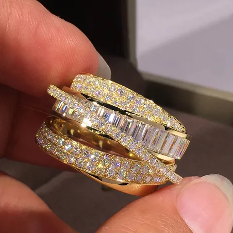 Women's Fashion Luxury Copper Ring Geometric Multi Layer Crossover Zirconia Inlaid Band Ring Gold Silver Toned Jewelry Accessory