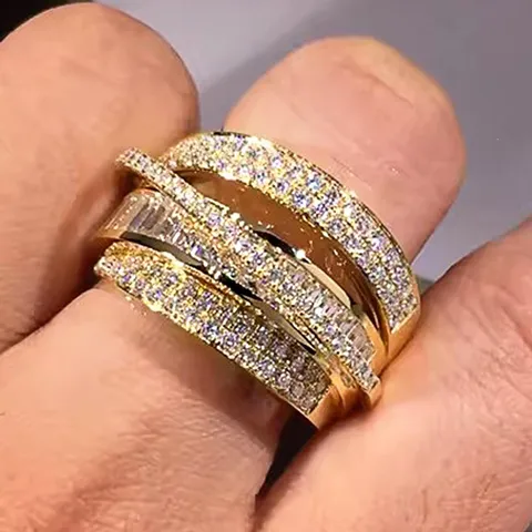 Women's Fashion Luxury Copper Ring Geometric Multi Layer Crossover Zirconia Inlaid Band Ring Gold Silver Toned Jewelry Accessory