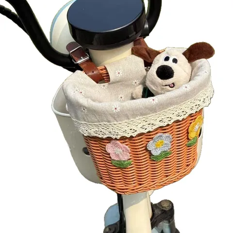 Electric Bike Bicycle Front Storage Basket Plastic Woven Basket With Floral Lining Large Capacity Cycling Basket