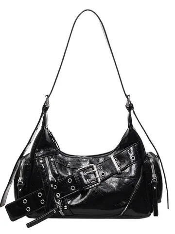 Women PU Leather Shoulder Bag Y2K Punk Style Pleated Underarm Dumpling Bag Casual Solid Color Zipper Handbag Daily Purse