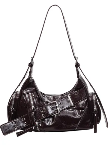 Women PU Leather Shoulder Bag Y2K Punk Style Pleated Underarm Dumpling Bag Casual Solid Color Zipper Handbag Daily Purse