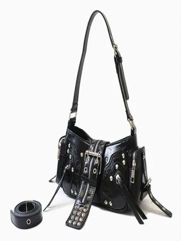 Women Vintage Motorcycle Shoulder Bag PU Leather Punk Rivet Crossbody Bag Chic Underarm Purse Retro Handbag