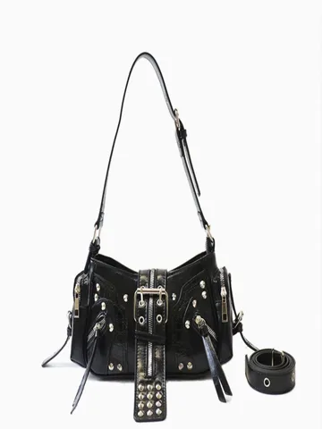 Women Vintage Motorcycle Shoulder Bag PU Leather Punk Rivet Crossbody Bag Chic Underarm Purse Retro Handbag