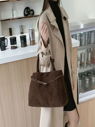 Women Vintage Suede Tote Bag Large Capacity Commuting Shoulder Bag Casual Solid Color Soft Handbag Female Purse
