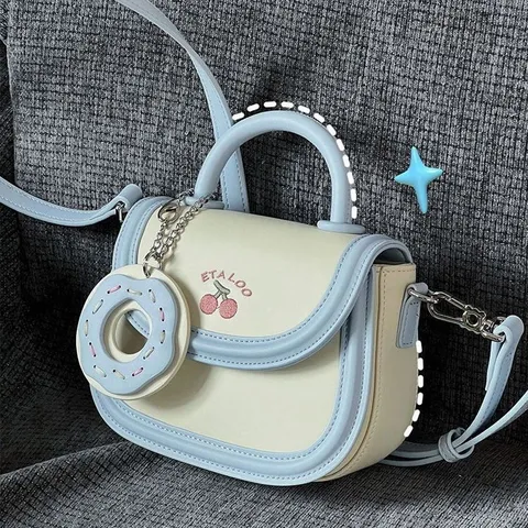 Women PU Leather Saddle Bag Japanese Color Block Crossbody Handbag With Cherry Embroidery And Donut Pendant