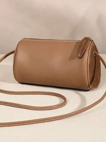 Women Vintage Synthetic Leather Crossbody Bag Small Cylindrical Pillow Camera Bag Fashion Solid Color Zipper Shoulder Bag