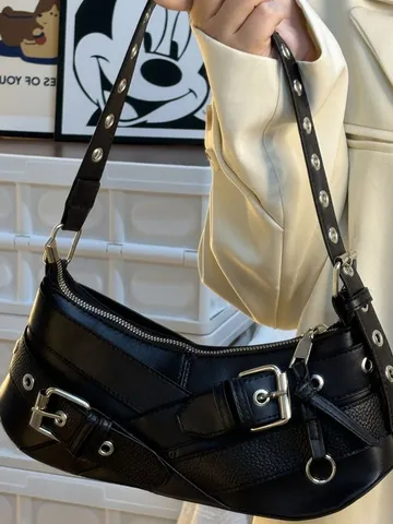 Women Vintage Motorcycle Style Underarm Shoulder Bag PU Leather Retro Chic Zipper Handbag