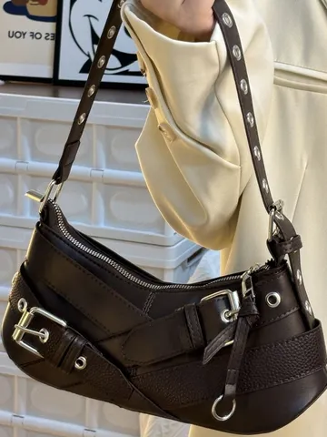 Women Vintage Motorcycle Style Underarm Shoulder Bag PU Leather Retro Chic Zipper Handbag