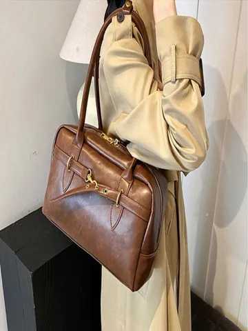 Retro Large Capacity PU Leather Underarm Bag Women Solid Color Boston Pillow Bag Casual Commuting Shoulder Handbag