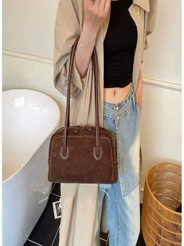 Vintage Solid Color PU Leather Women Shoulder Bag Large Capacity Casual Commuter Handbag Underarm Tote Bag