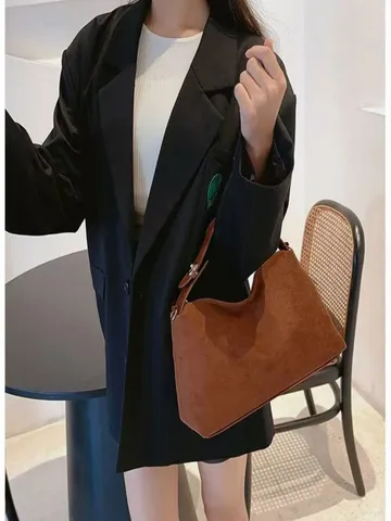 Retro Suede Women's Shoulder Bag Minimalist Casual Tote Handbag Classic Solid Color Chic Underarm Bag Daily Commuter Bag