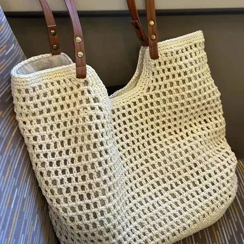 Woven Hollow Beach Bag Cotton Crochet Tote Bag Casual Large Capacity Summer Handbag For Women Net Pocket Bag