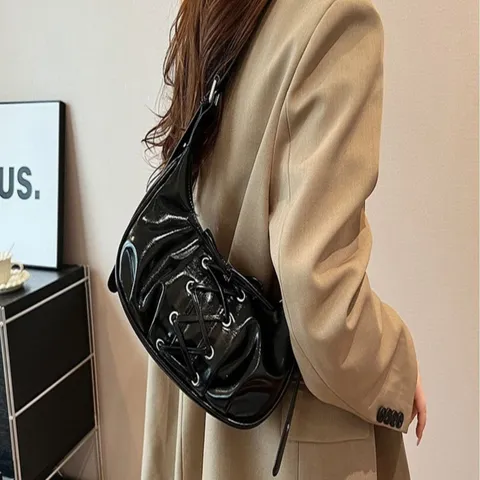 Women Pleated Underarm Bag Chic PU Leather Dumpling Handbag Bow Ribbon Shoulder Bag Fashion Casual Purse