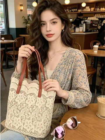 Women Fashion Lace Bucket Bag Casual Elegant Solid Color Shoulder Handbag Daily Matching Soft Large Capacity Tote Bag